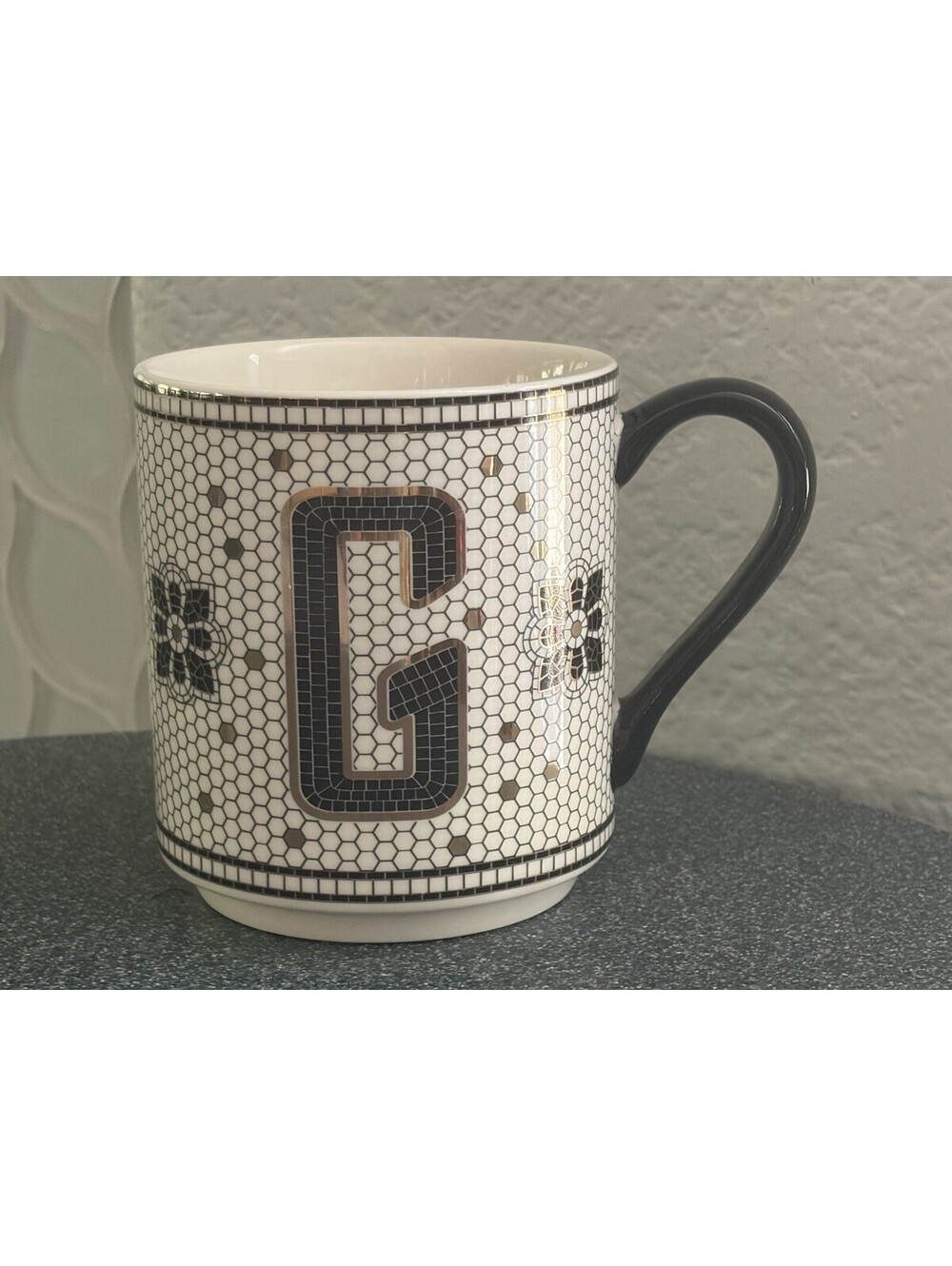 Anthropologie Mug Letter G Monogram Bistro Tile Honeycomb Coffee Tea